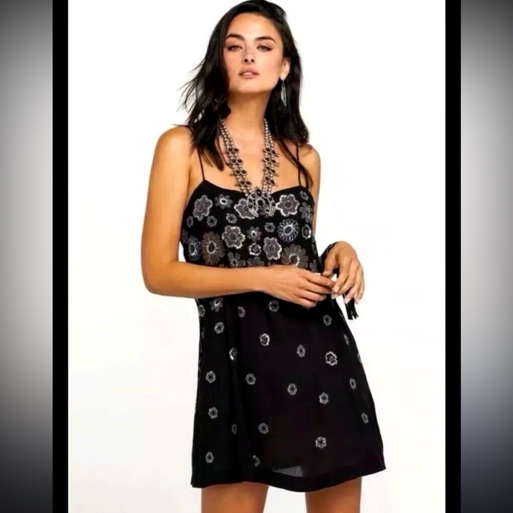 New Free People Azalea Black Floral Sequined Dress